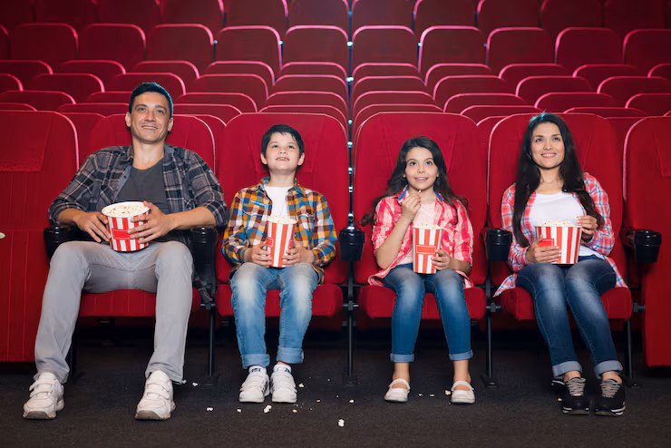 Happy family sitting in cinema